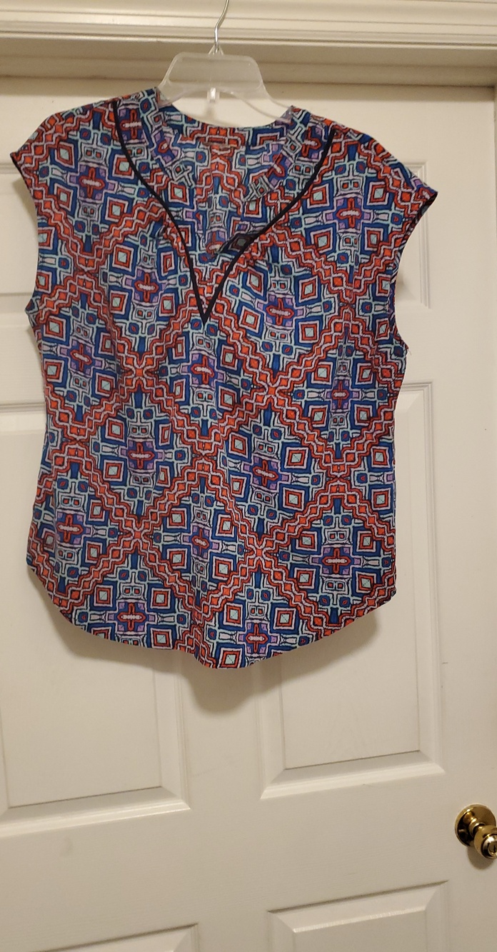 Geo-Print Cap Sleeve Blouse - Blue & Red